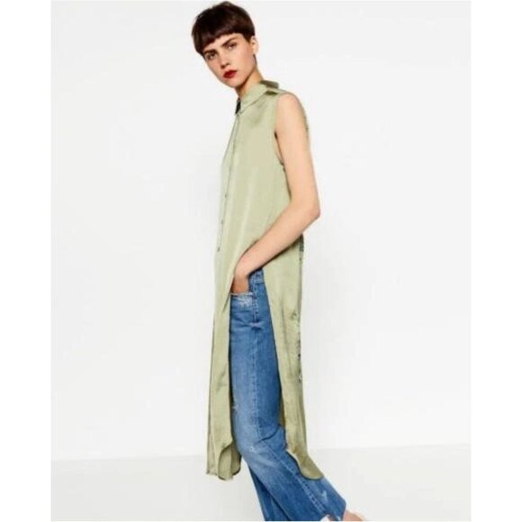 Zara Woman Olive Green Sleeveless Maxi Button-Down Shirt blouse tunic Floral - Picture 8 of 16